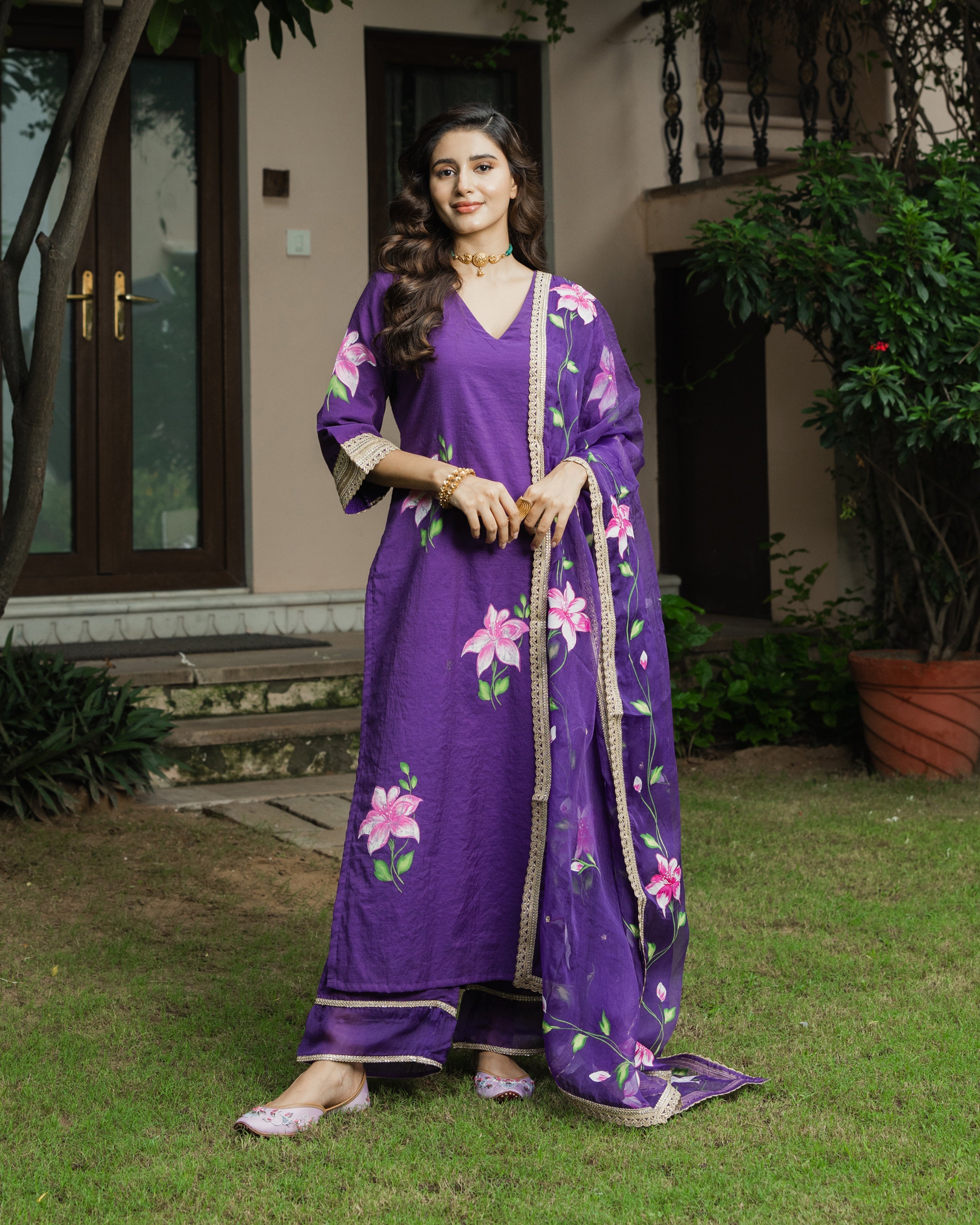 Kanchan Purple Handpainted Chanderi Suit Set
