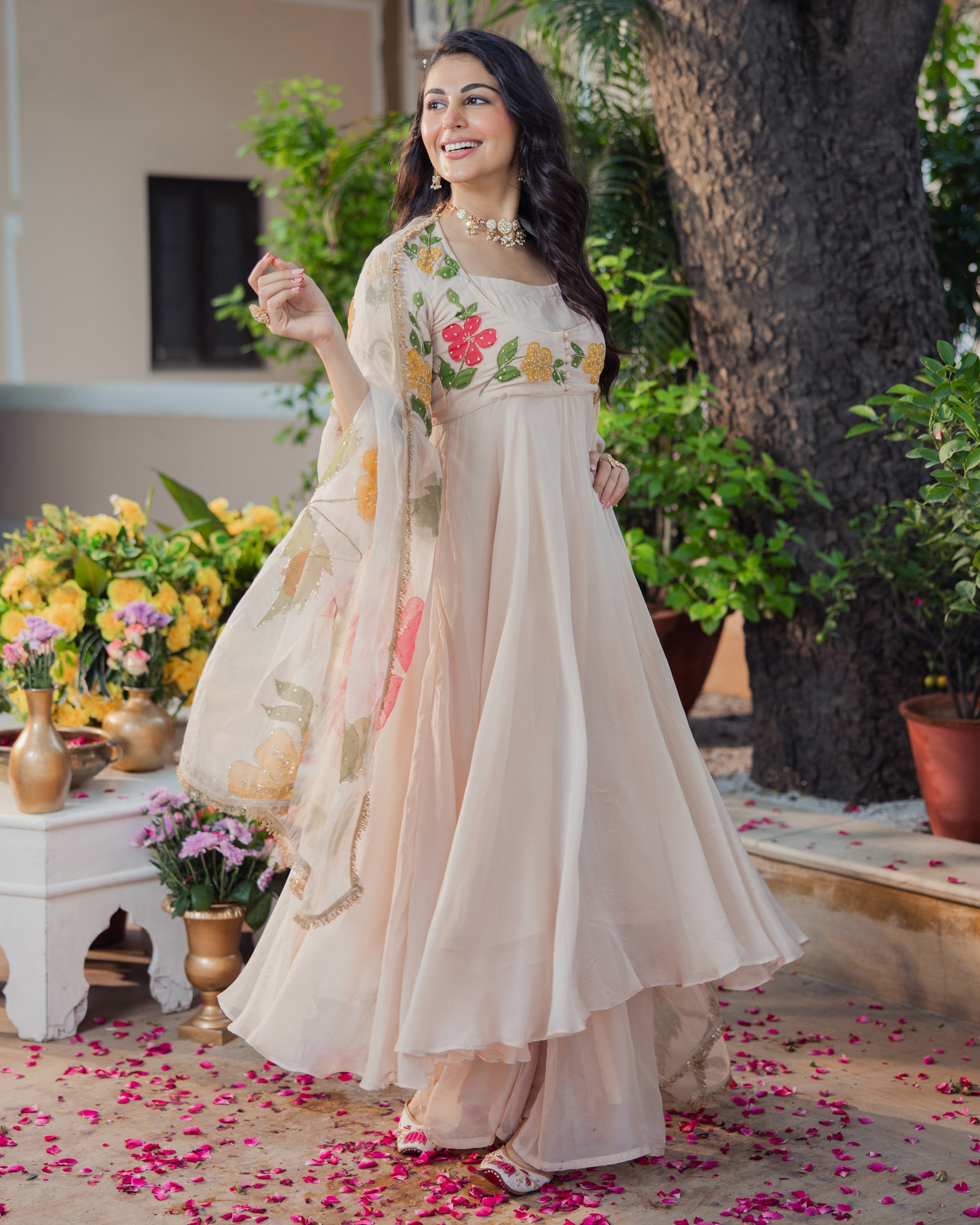 Harsinghar Beige Handpainted Viscose Organza Suit Set