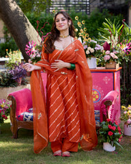 Raksha Orange Leheriya Cotton Suit Set