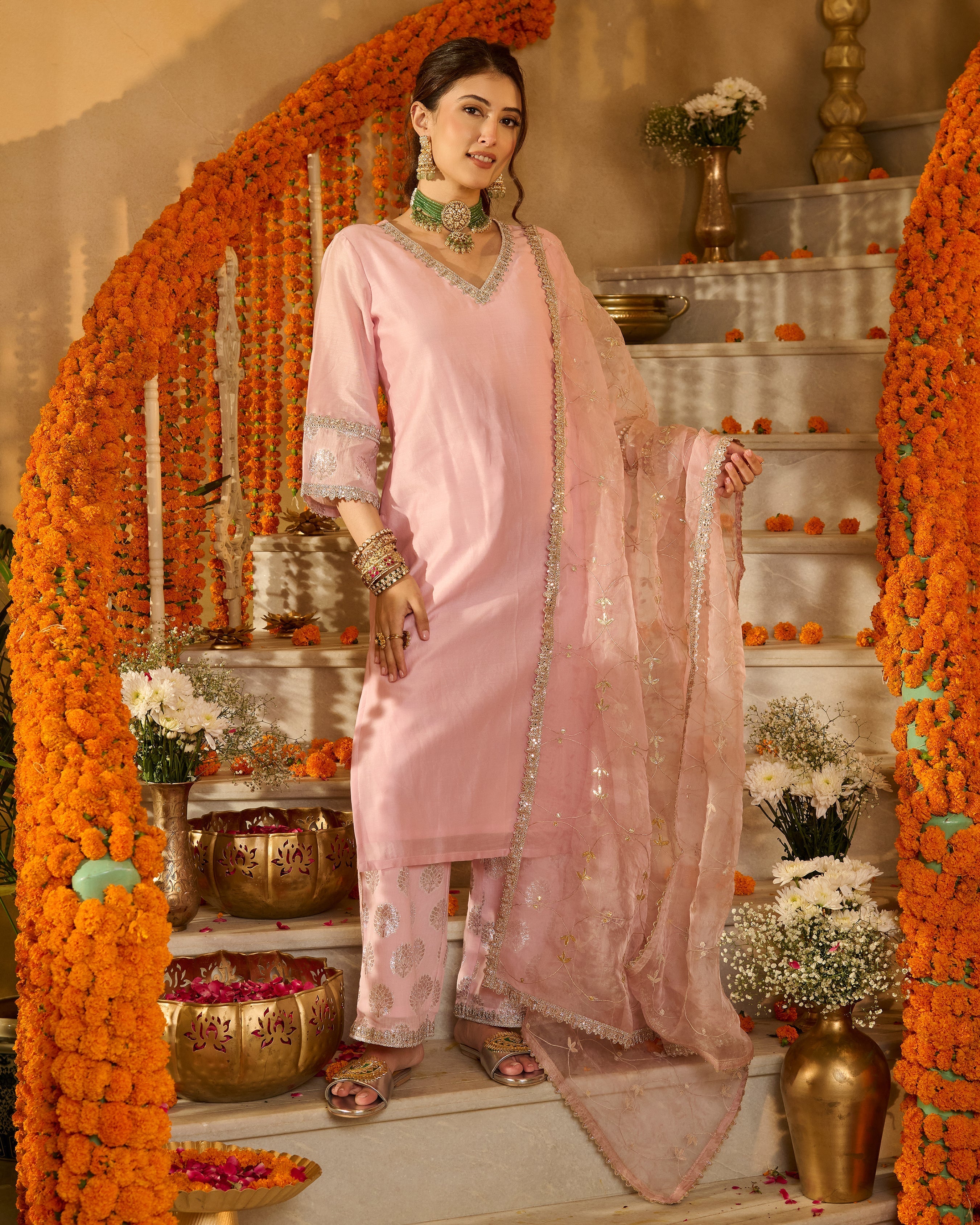 Archita Light Pink Solid Chanderi Suit Set