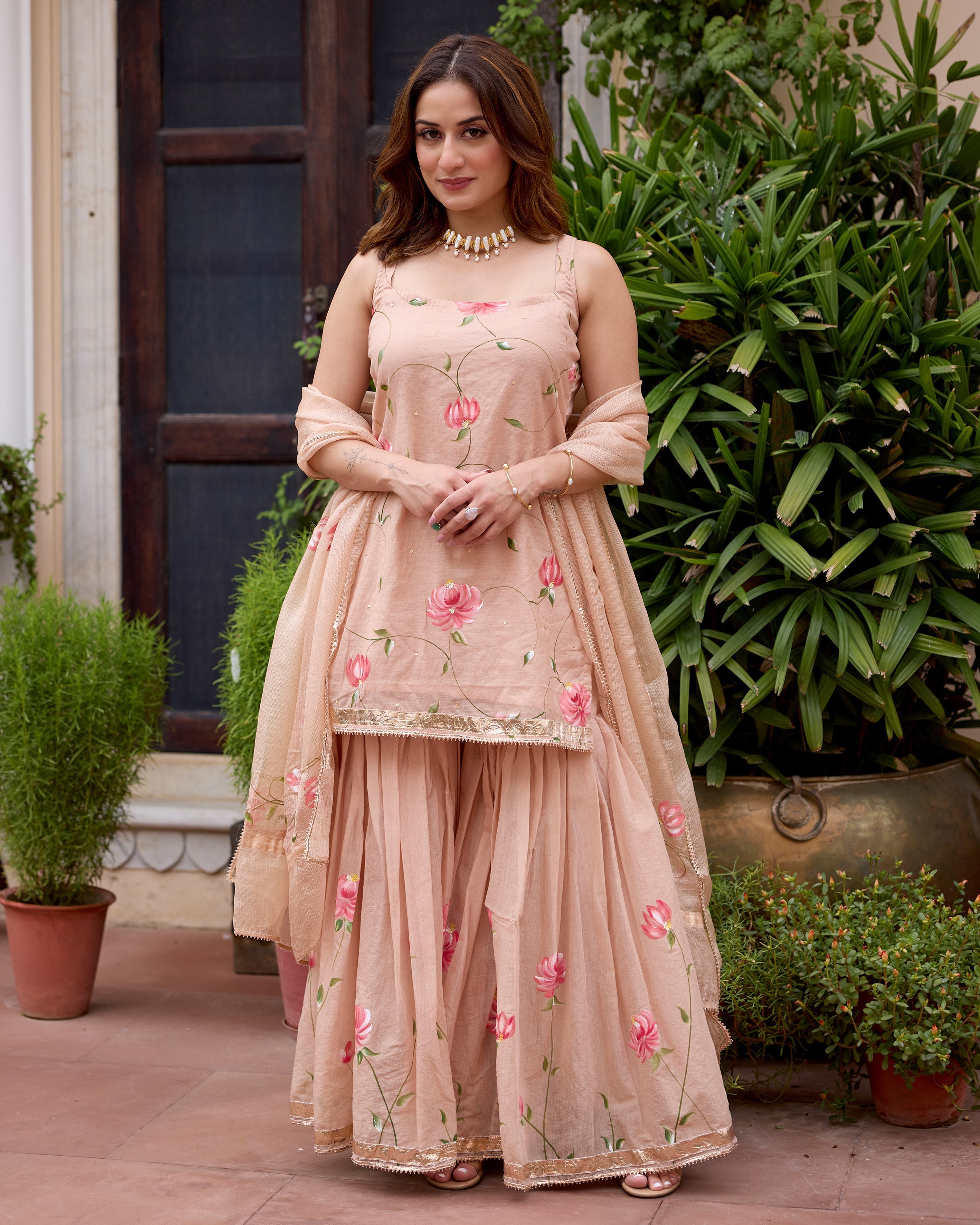 Palash Tan Handpainted Chanderi Sharara Set