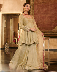Tilki Olive Green Solid Silk Sharara Set