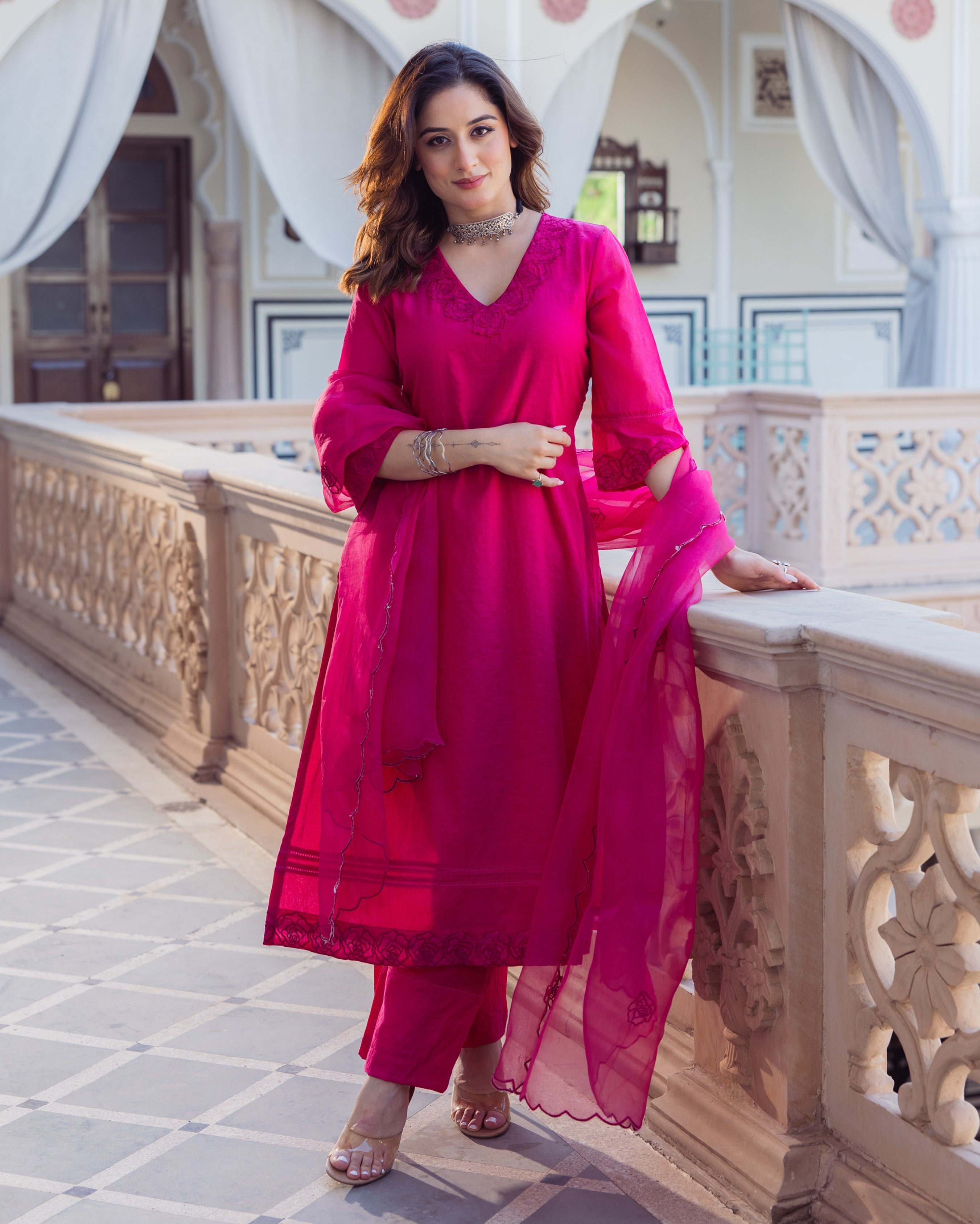 Hanya Magenta Embroidered Chanderi Suit Set
