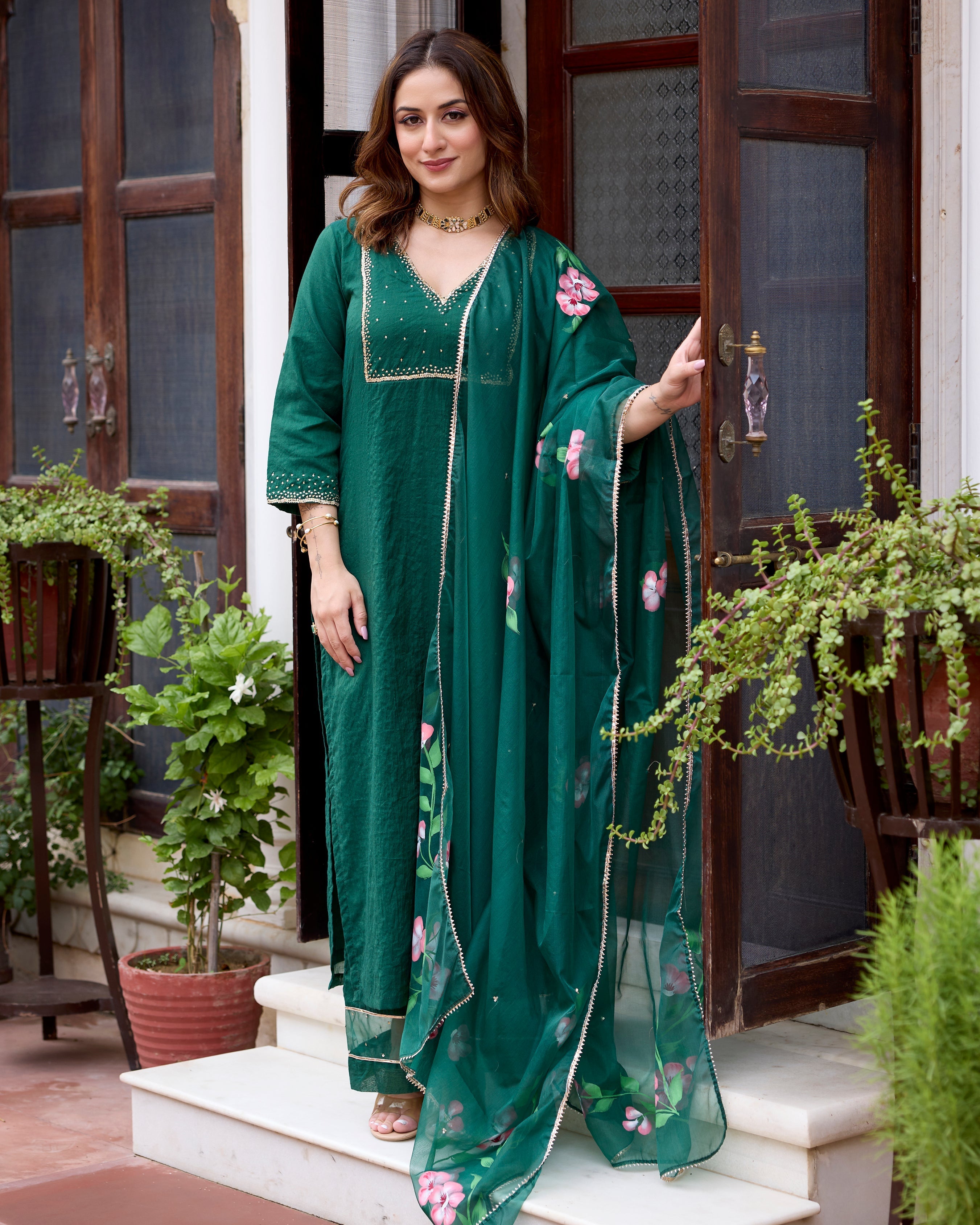 Tulsi Bottle Green Handpainted Chanderi Suit Set
