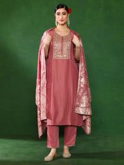 Solid Embroidered Straight Kurta & Trousers Sets
