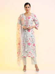 Embroidered Linen Floral Kurta Sets With Dupatta