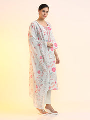 Embroidered Linen Floral Kurta Sets With Dupatta