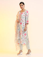 Embroidered Linen Floral Kurta Sets With Dupatta