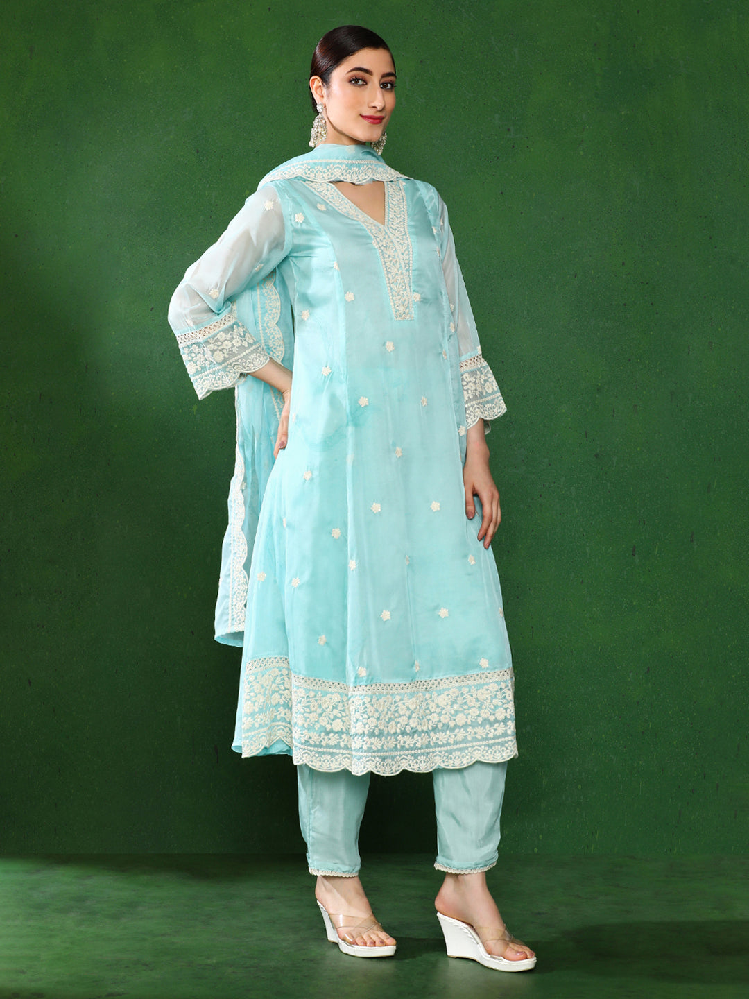 Floral Embroidered A-Line Kurta & Trousers Sets