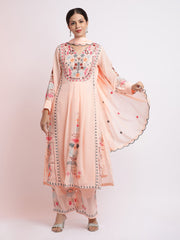 Peach Thread Embroidered Georgette Kurta Set With Dupatta