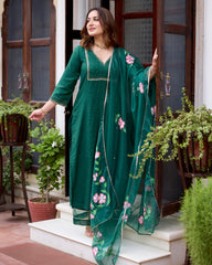 Tulsi Bottle Green Handpainted Chanderi Suit Set