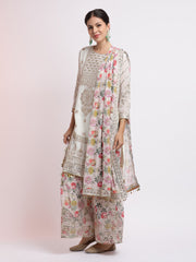 White Zari Embroidered Kurta With Floral Sharara And Dupatta