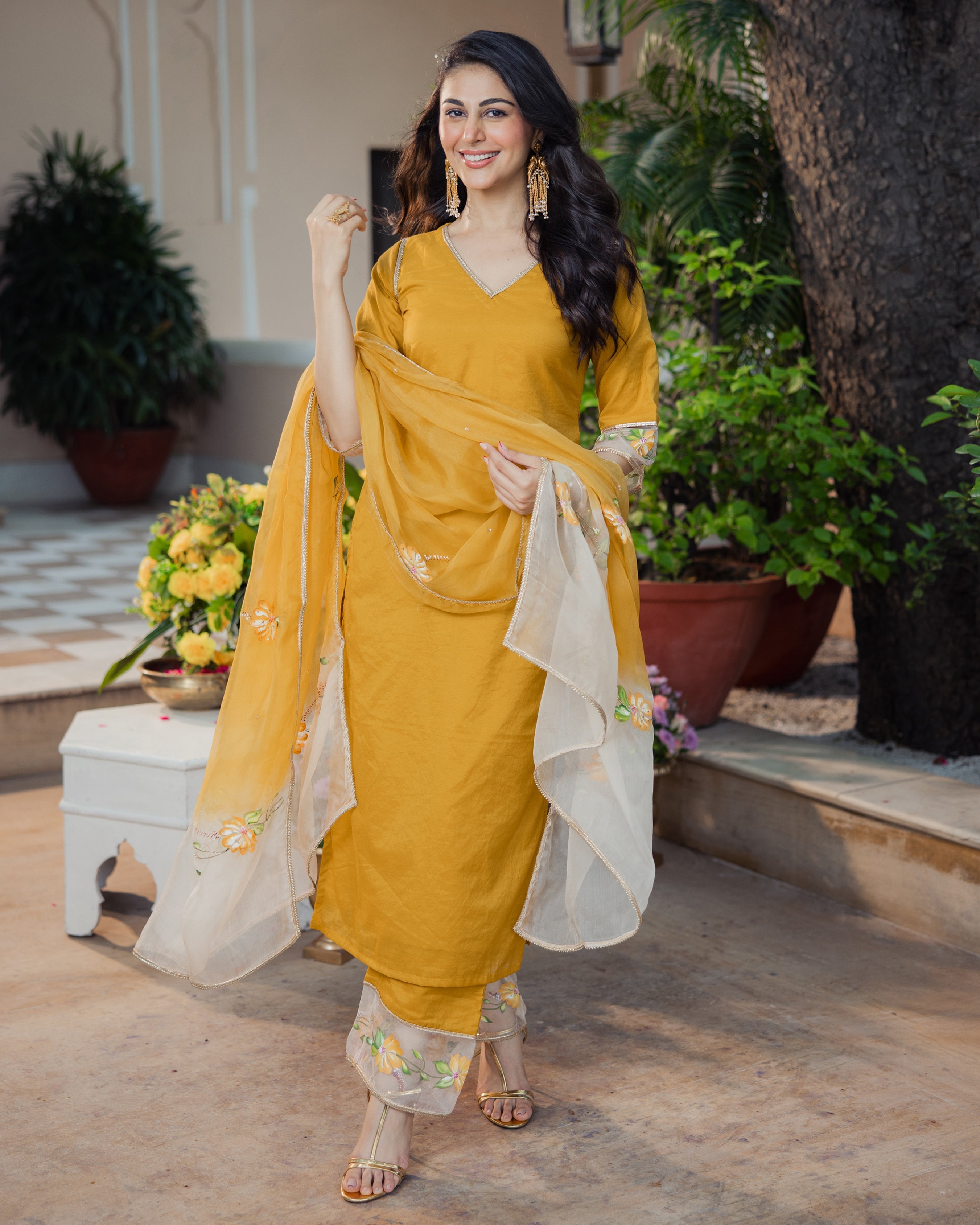 Kadamb Mustard Handpainted Chanderi Suit Set