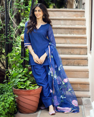 Padma Blue Handpainted Chanderi Suit Set