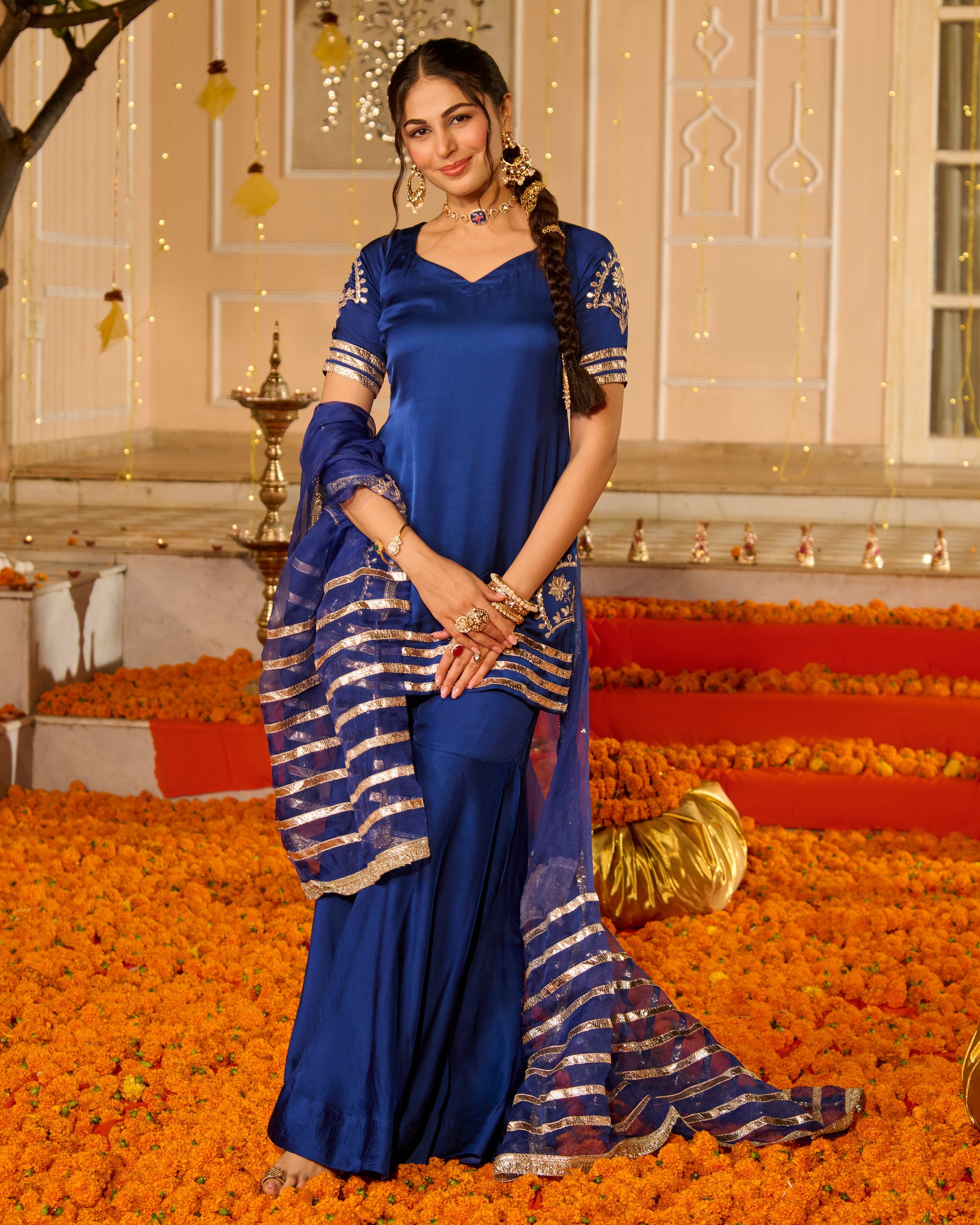 Keerti Blue Solid Satin Sharara Set