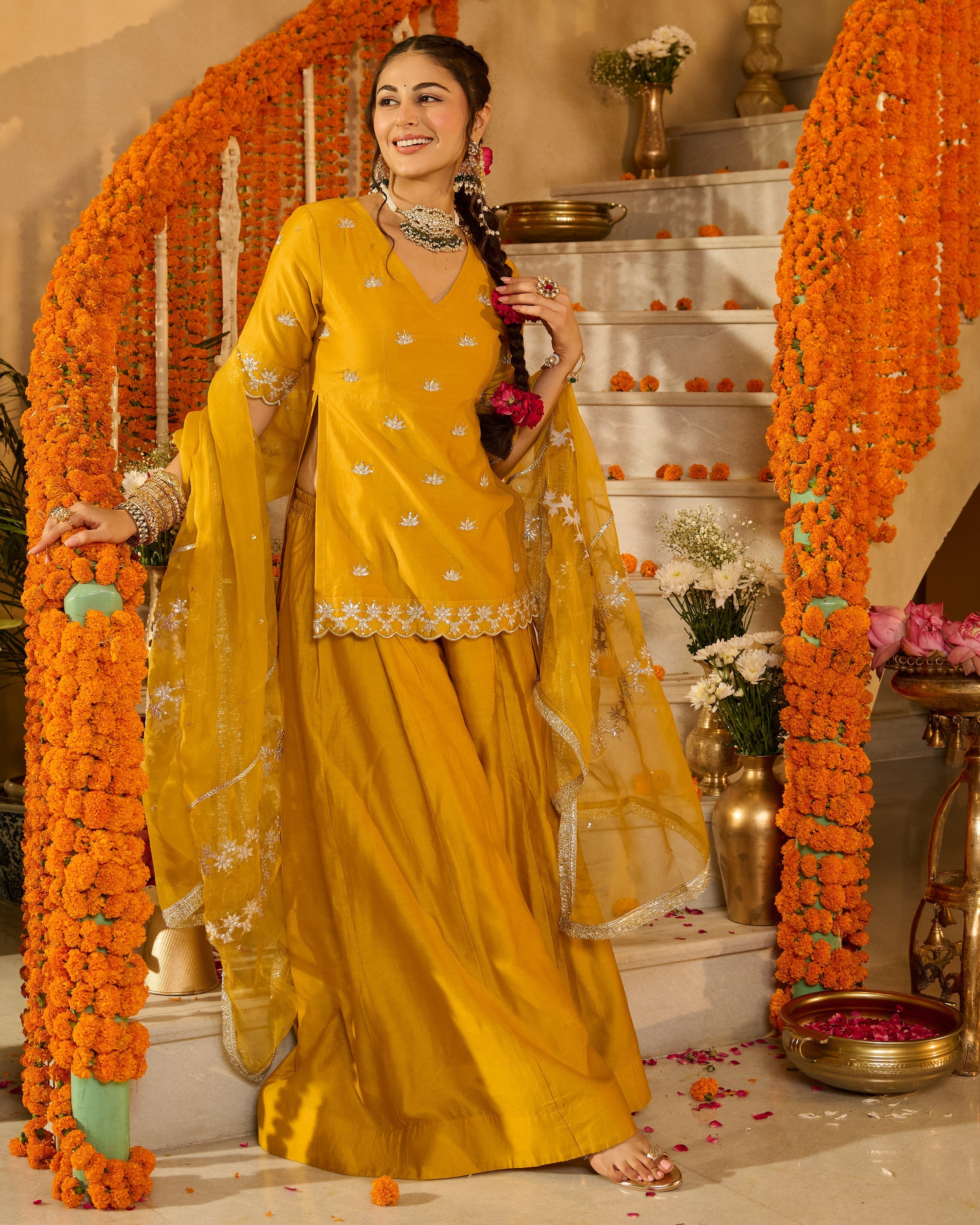 Charvi Yellow Solid Chanderi Suit Set
