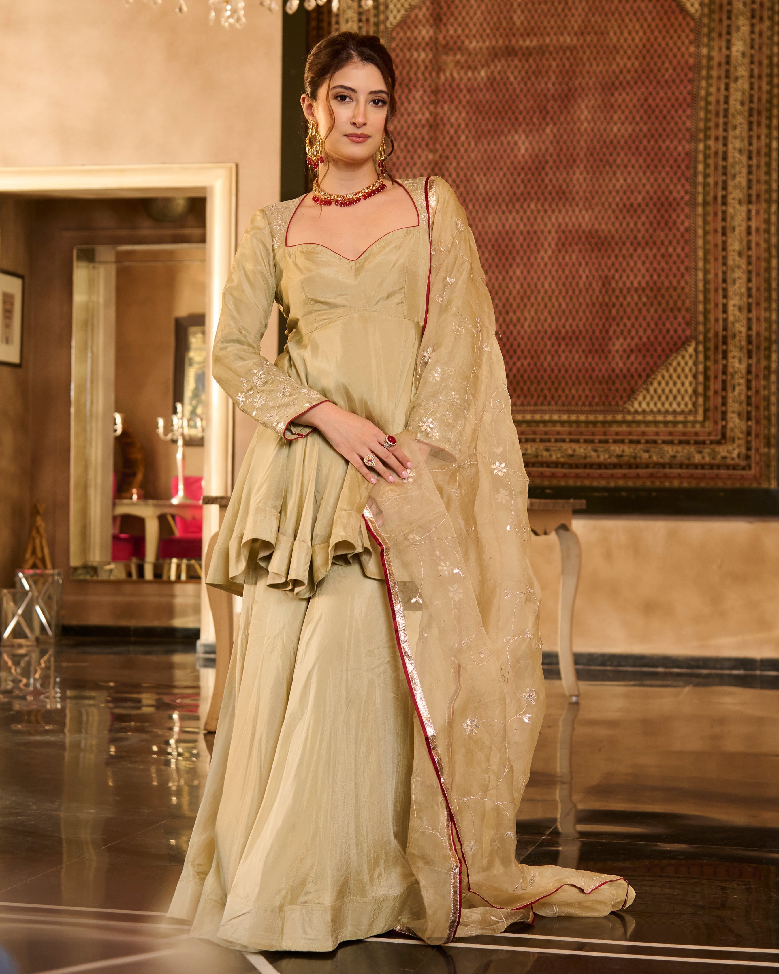 Tilki Olive Green Solid Silk Sharara Set