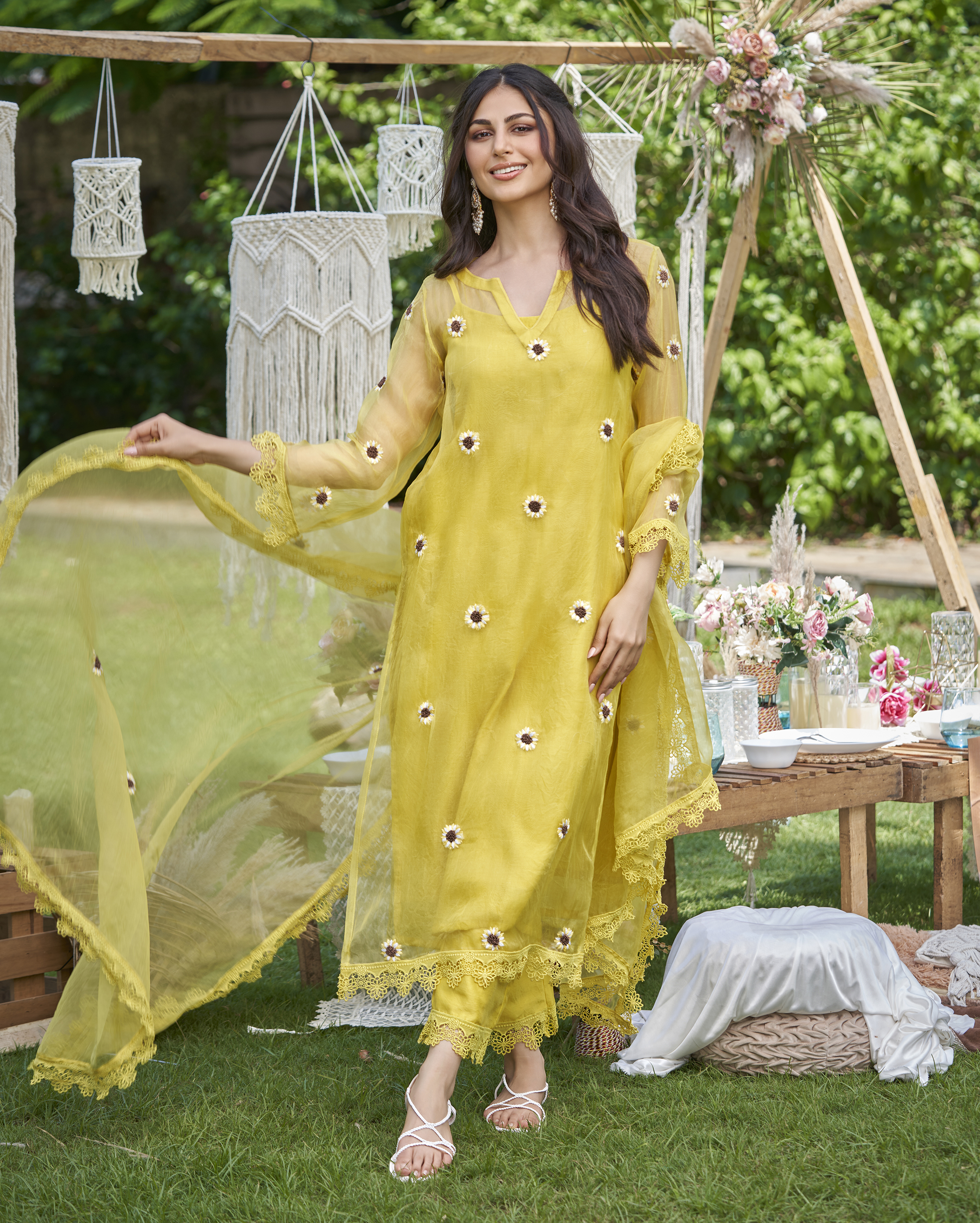 Murat Yellow Embroidered Organza Kurta Set