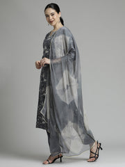 Grey Ethnic Printed Kurta Set With Tie-Dye Dupatta