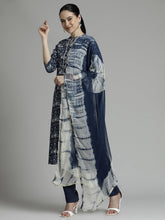 Floral Navy Blue Printed Kurta Set With Tie-Dye Dupatta