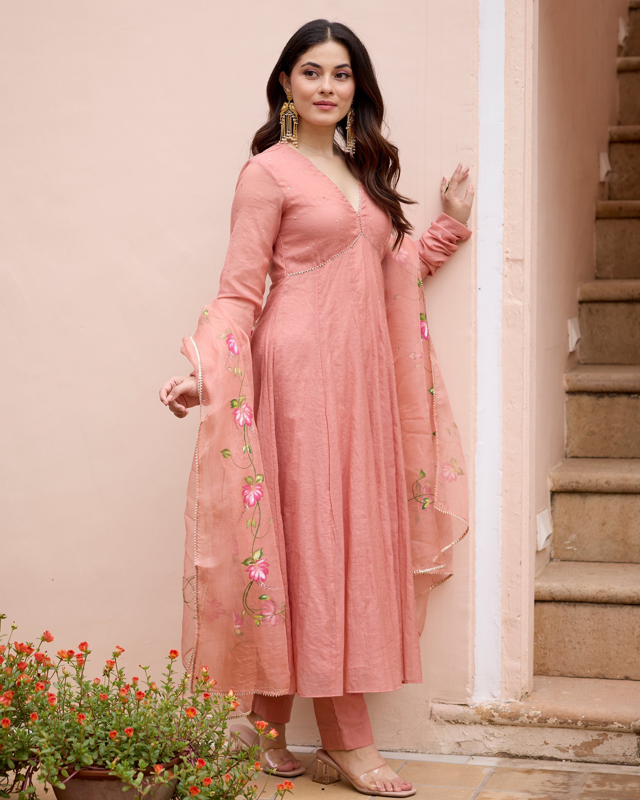 Kunda Peach Handpainted Chanderi Suit Set