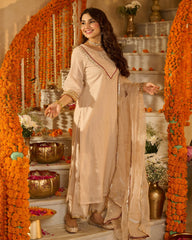 Aarush Beige Solid Chanderi Suit Set