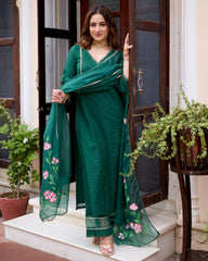 Tulsi Bottle Green Handpainted Chanderi Suit Set