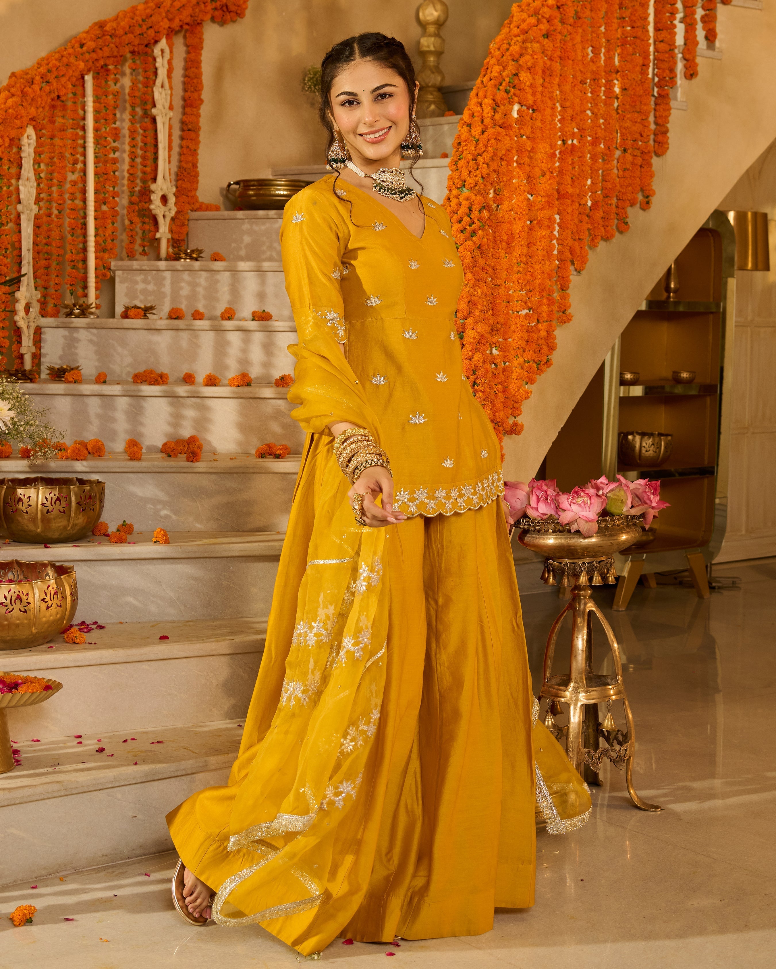 Charvi Yellow Solid Chanderi Suit Set