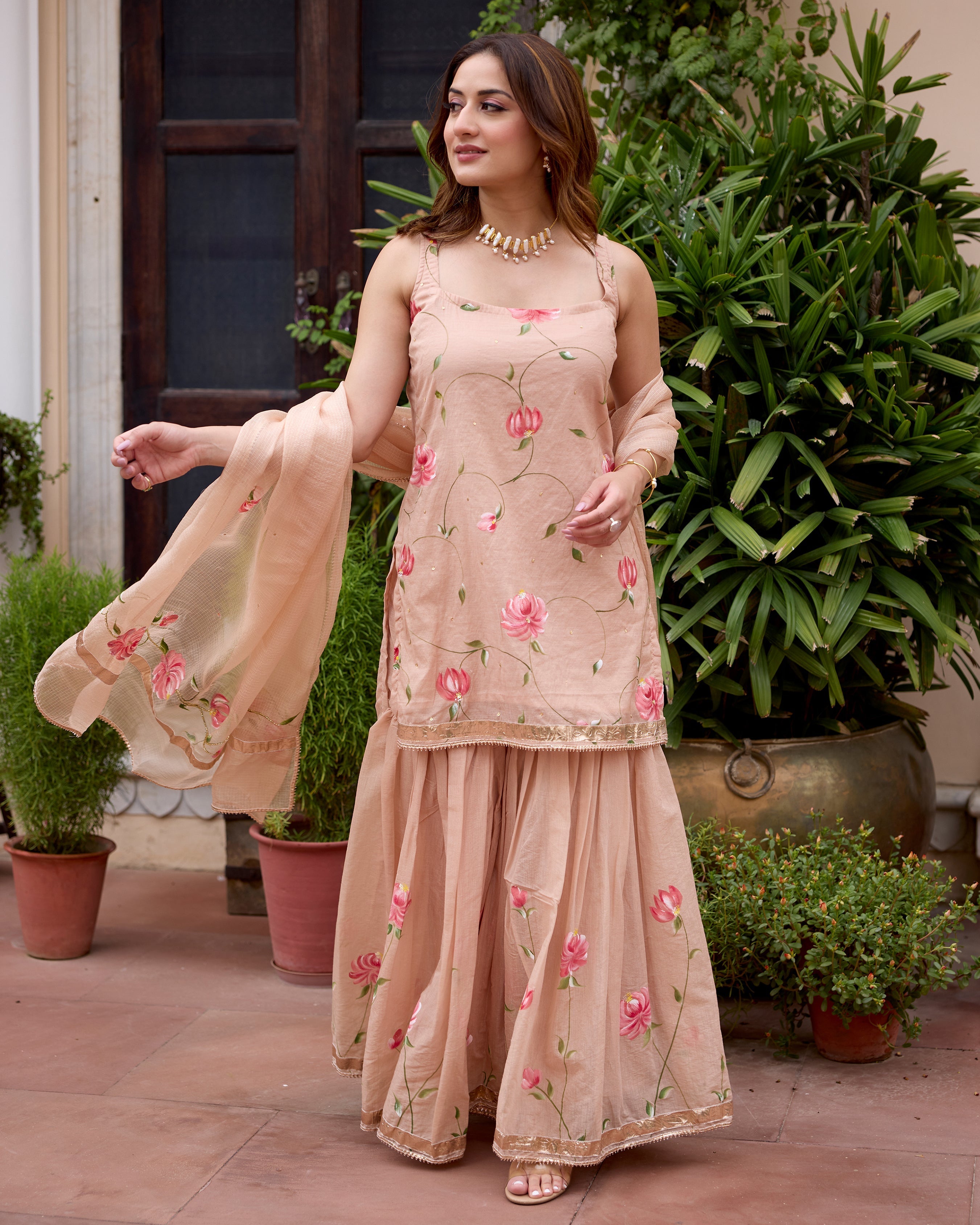 Palash Tan Handpainted Chanderi Sharara Set