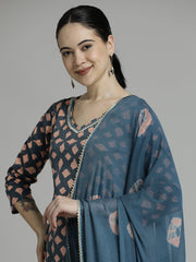 Grey Floral Printed Kurta Set With Tie-Dye Dupatta