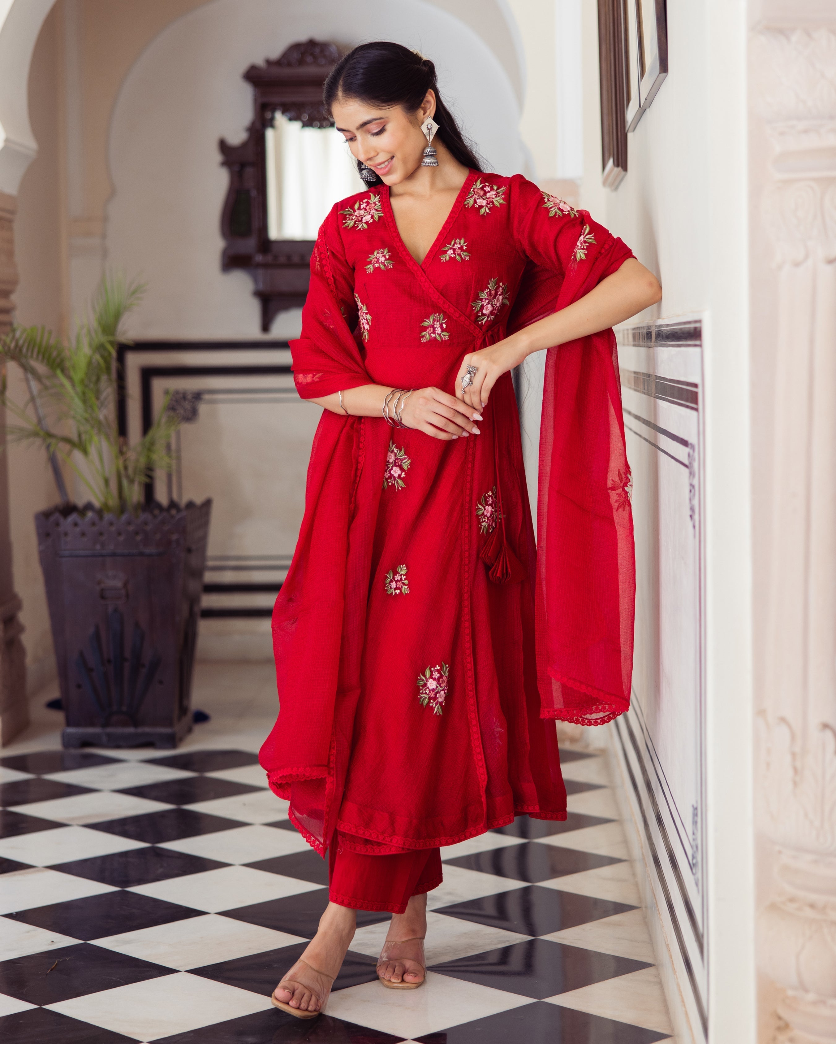 Ruby Red Embroidered Doria Suit Set