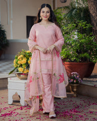 Kaner Pink Handpainted Chanderi Suit Set