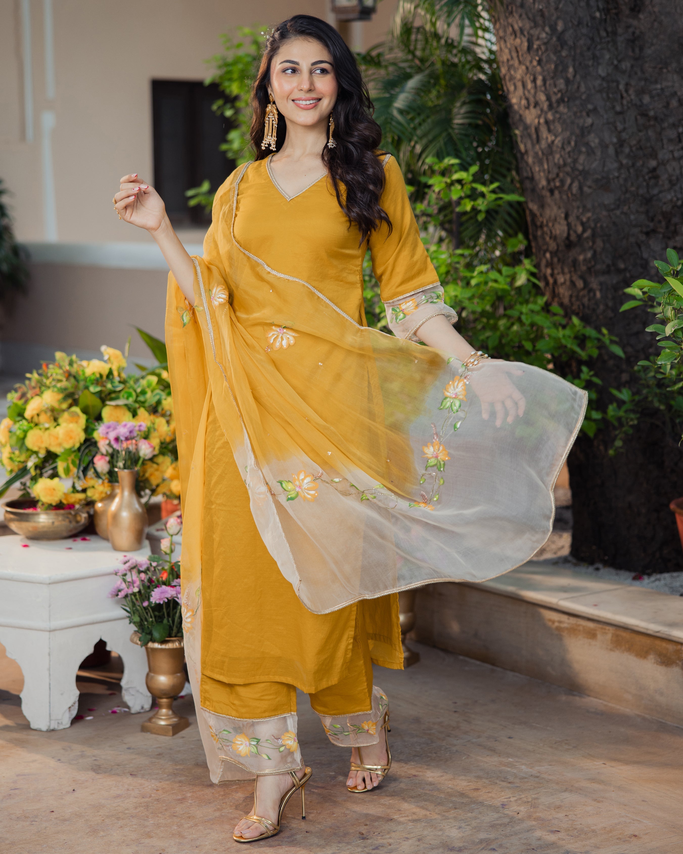 Kadamb Mustard Handpainted Chanderi Suit Set