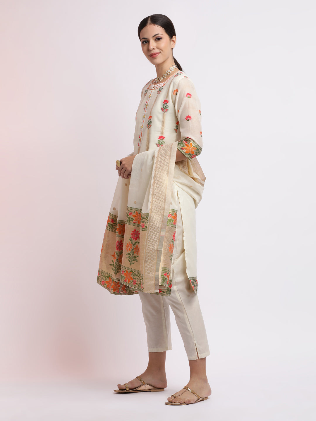Off White Embroidered Chanderi Cotton Kurta Set With Dupatta