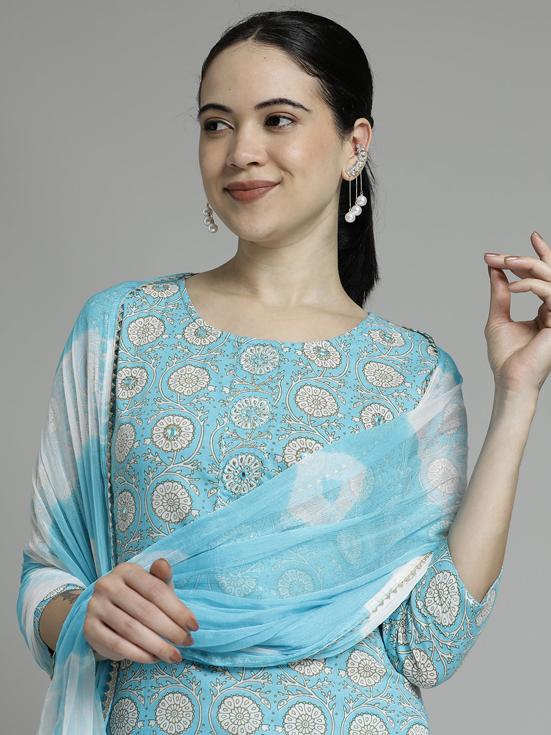 Floral Printed Pure Cotton Kurta Set With Dupatta