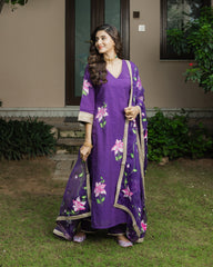 Kanchan Purple Handpainted Chanderi Suit Set