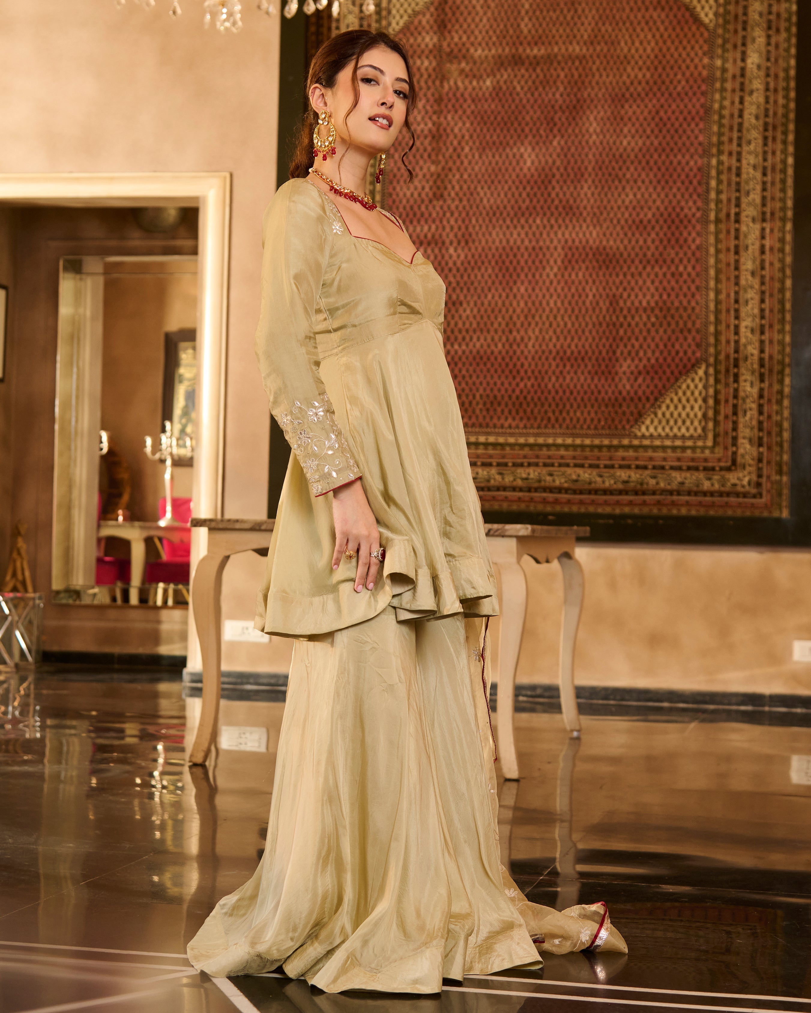 Tilki Olive Green Solid Silk Sharara Set