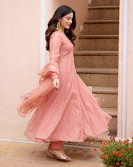 Kunda Peach Handpainted Chanderi Suit Set