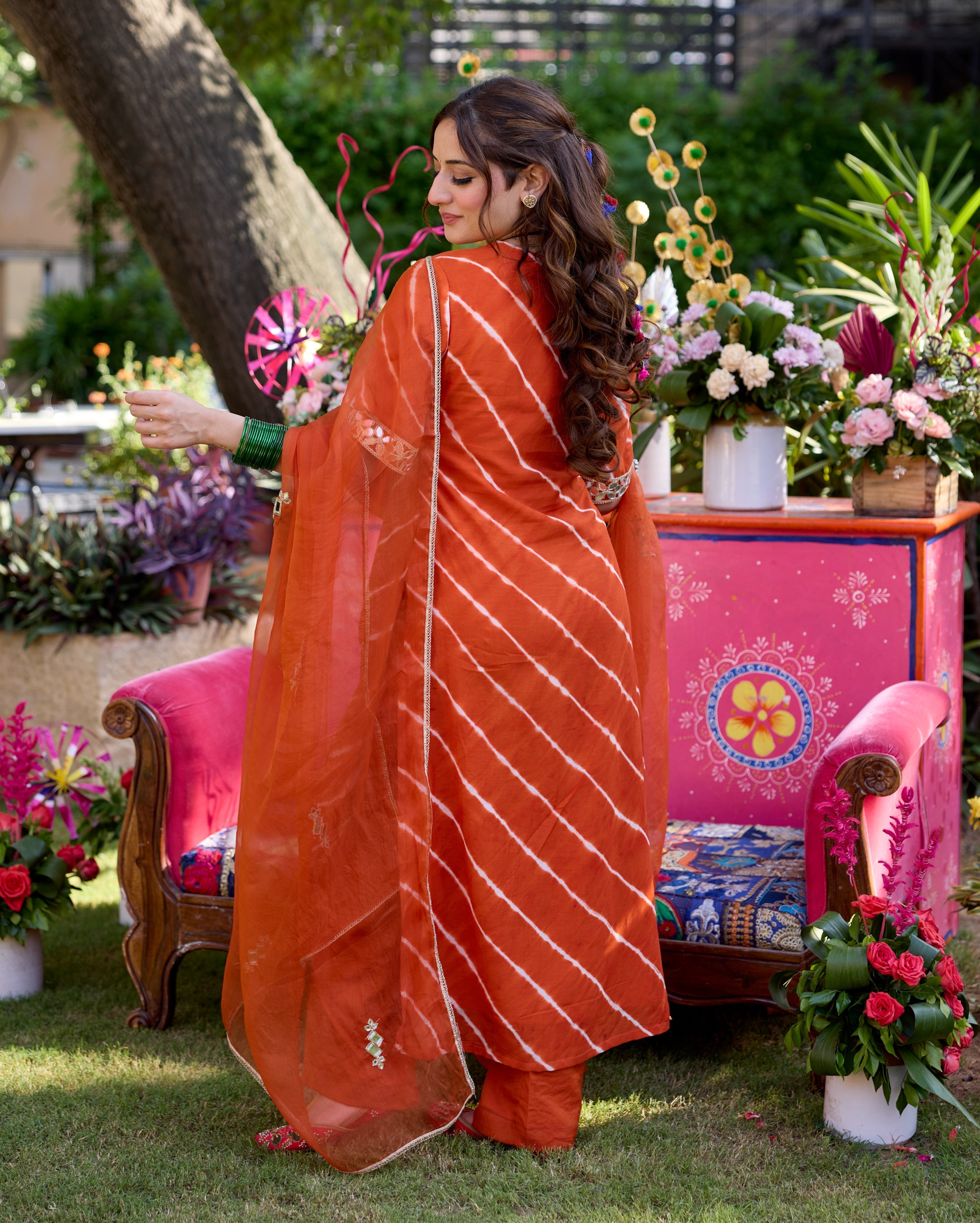 Raksha Orange Leheriya Cotton Suit Set