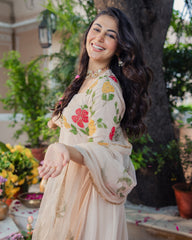 Harsinghar Beige Handpainted Viscose Organza Suit Set