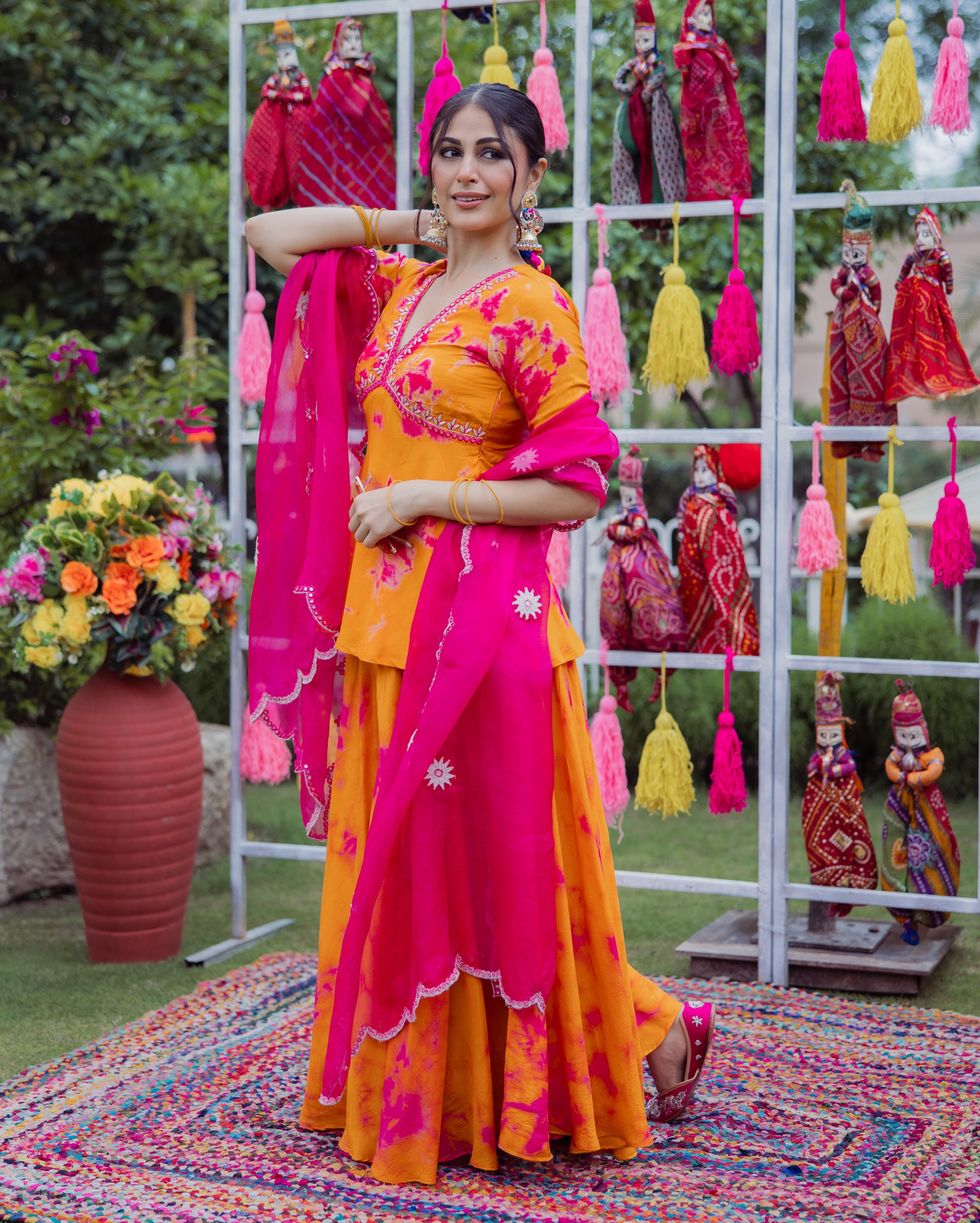 Ritu Orange Pink Tie Dye Muslin Sharara Set
