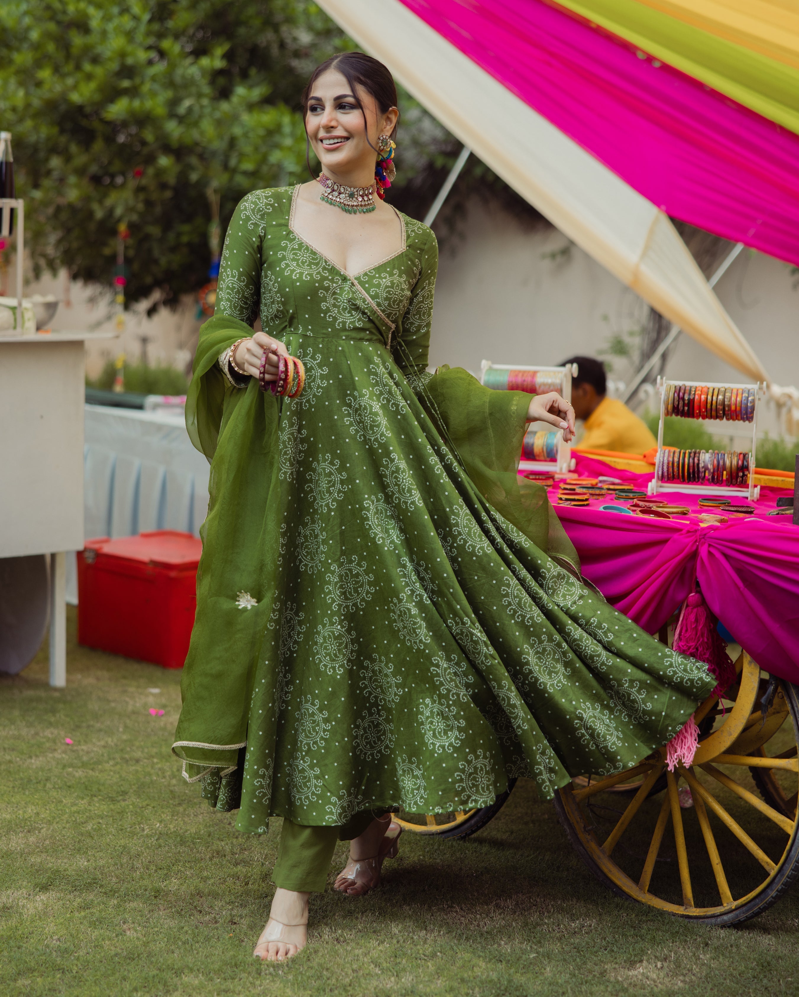 Katha Green Bandhani Chanderi Suit Set