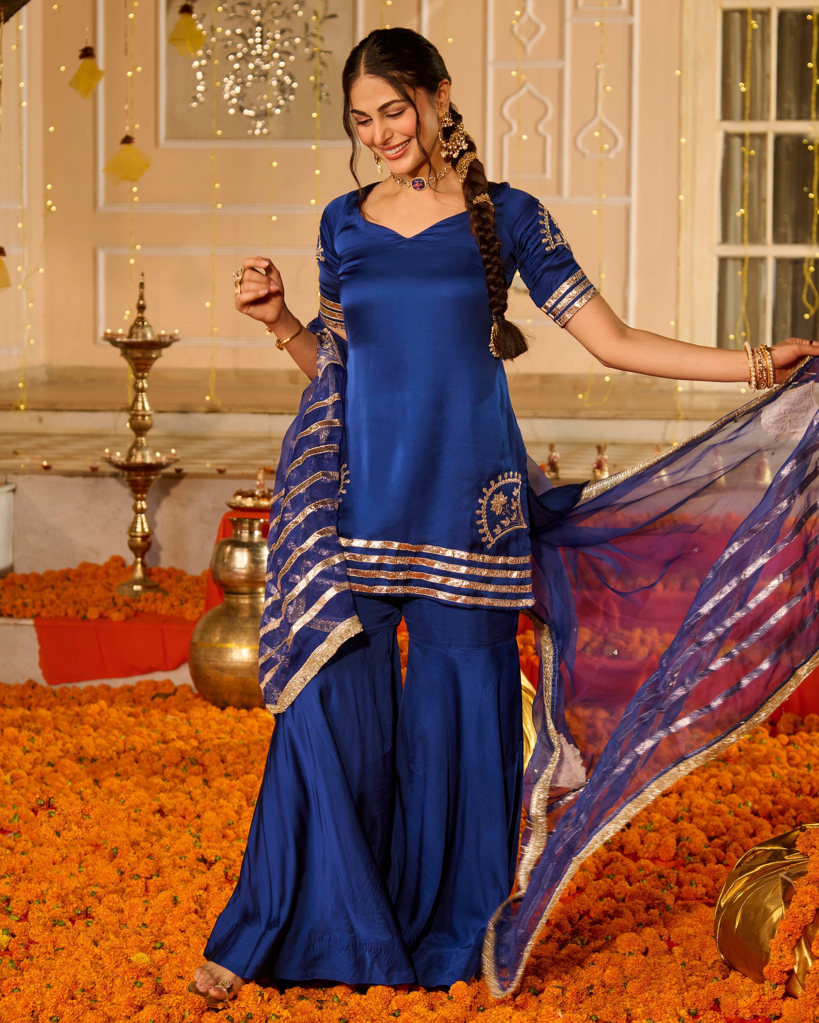 Keerti Blue Solid Satin Sharara Set