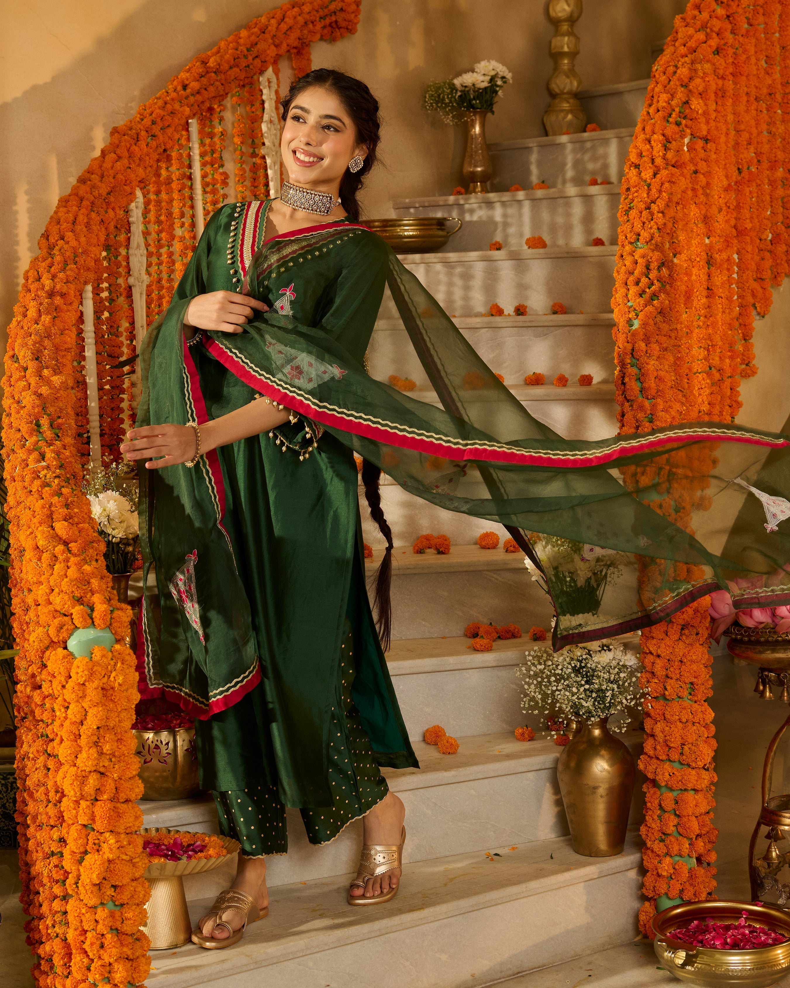 Divyana Green Solid Chanderi Suit Set