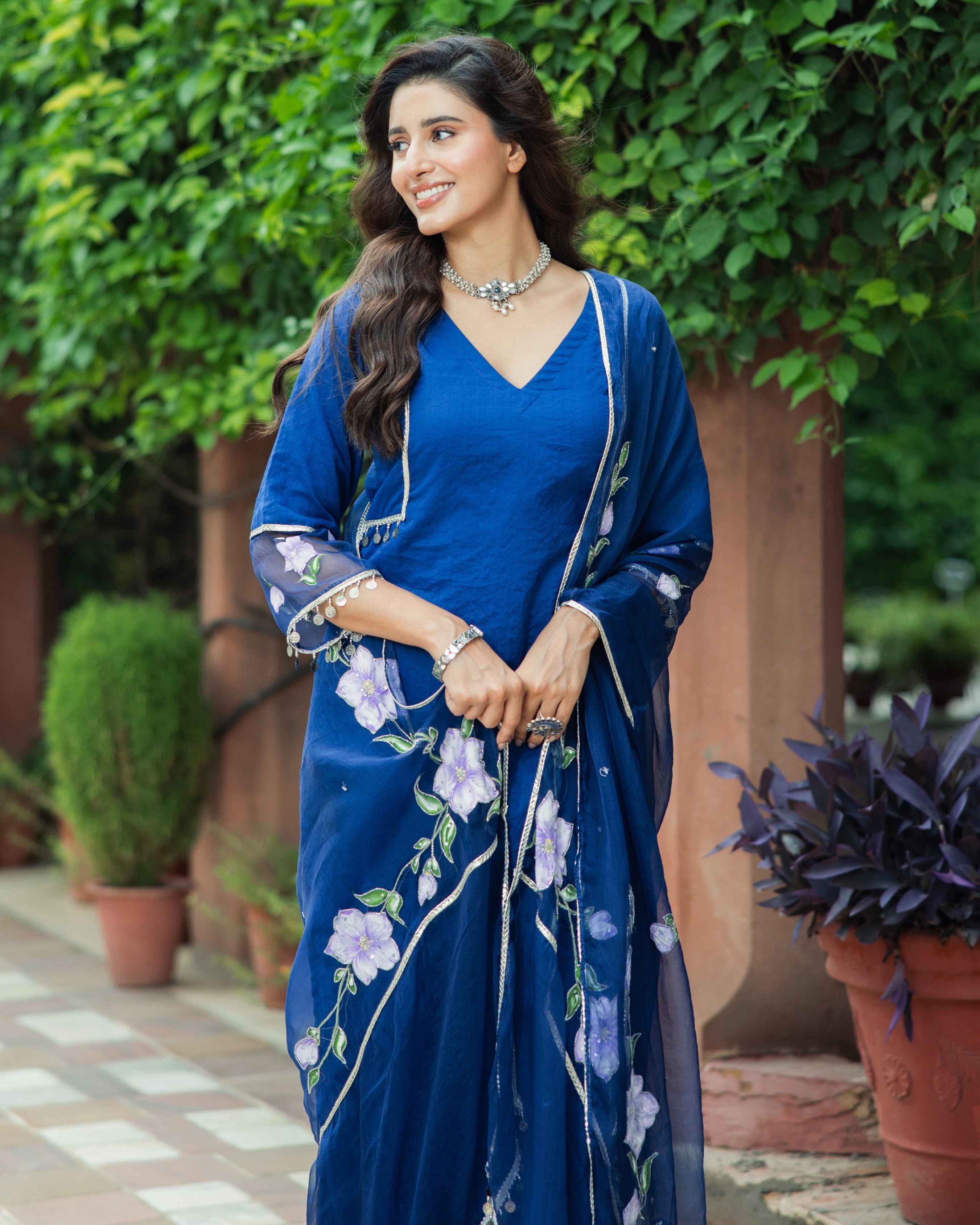 Molshree Blue Handpainted Chanderi Suit Set