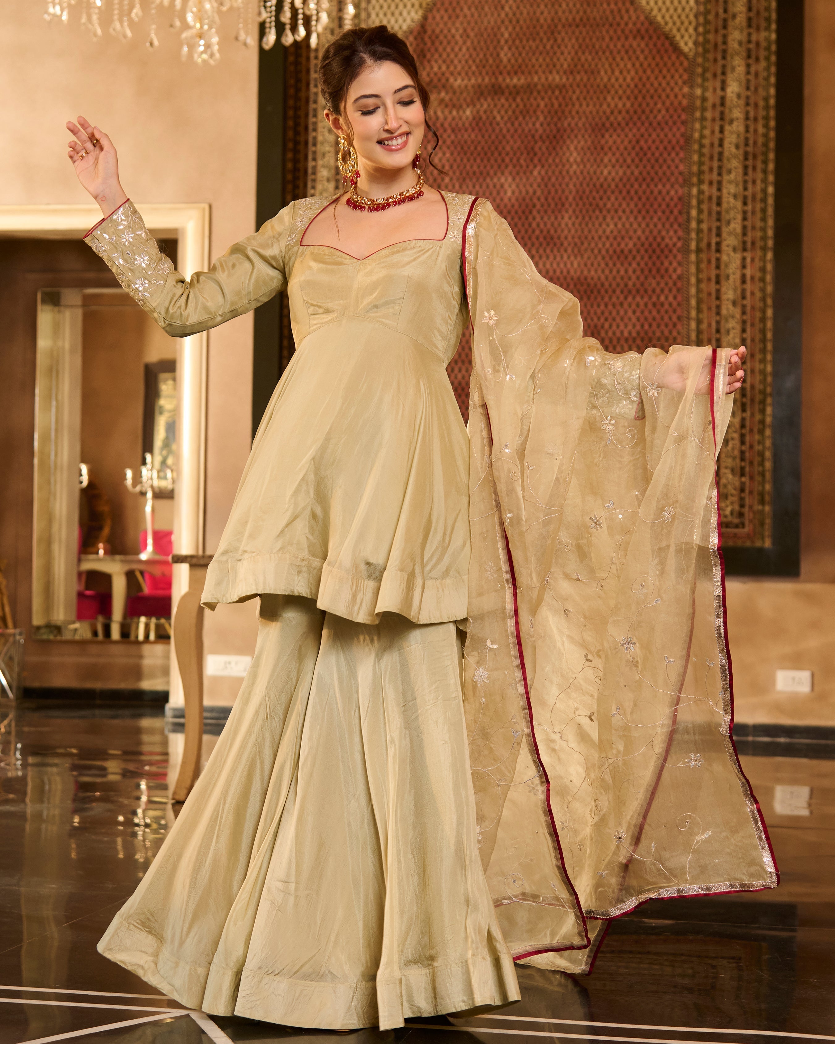 Tilki Olive Green Solid Silk Sharara Set