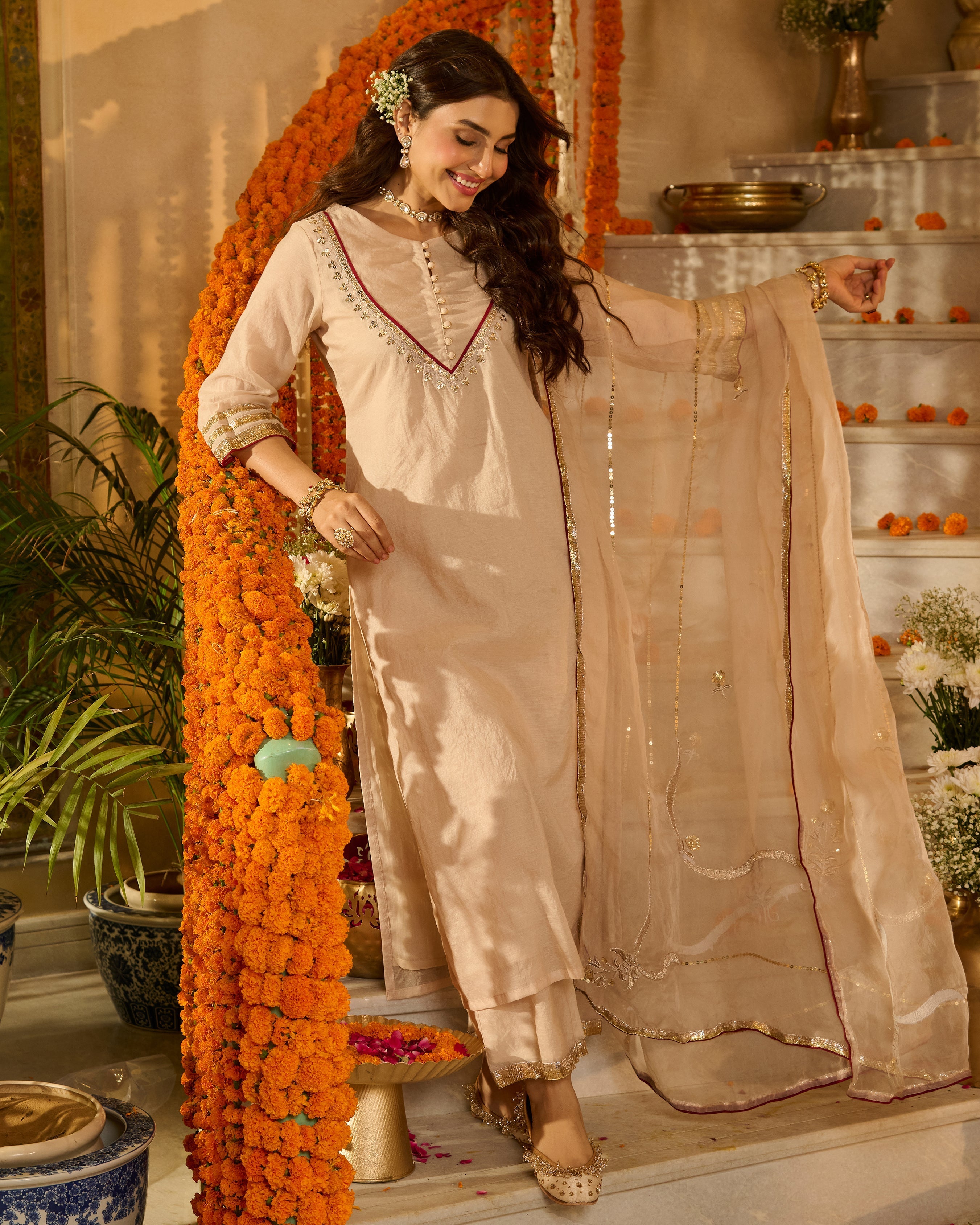 Aarush Beige Solid Chanderi Suit Set