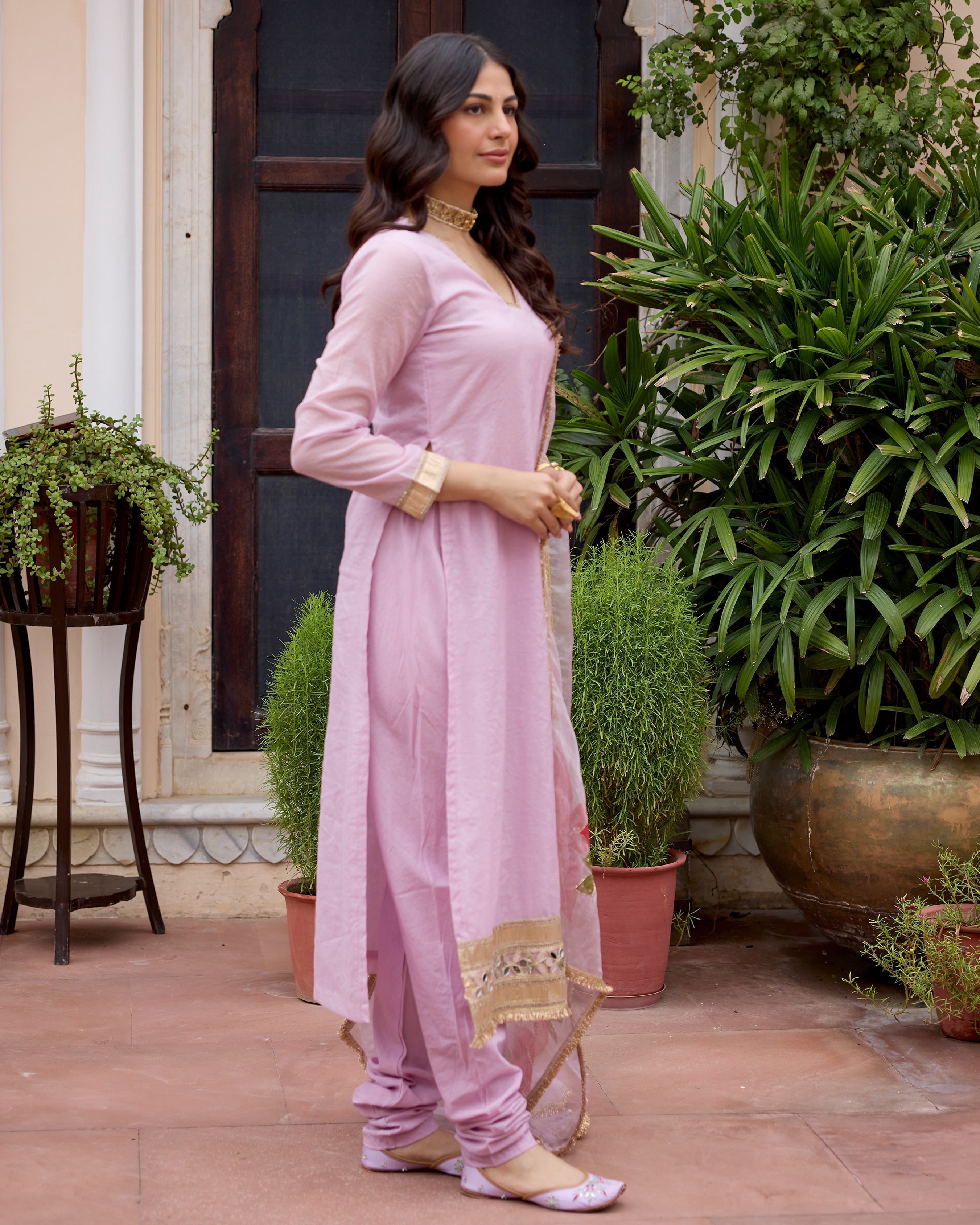 Parijat Lilac Handpainted Chanderi Suit Set