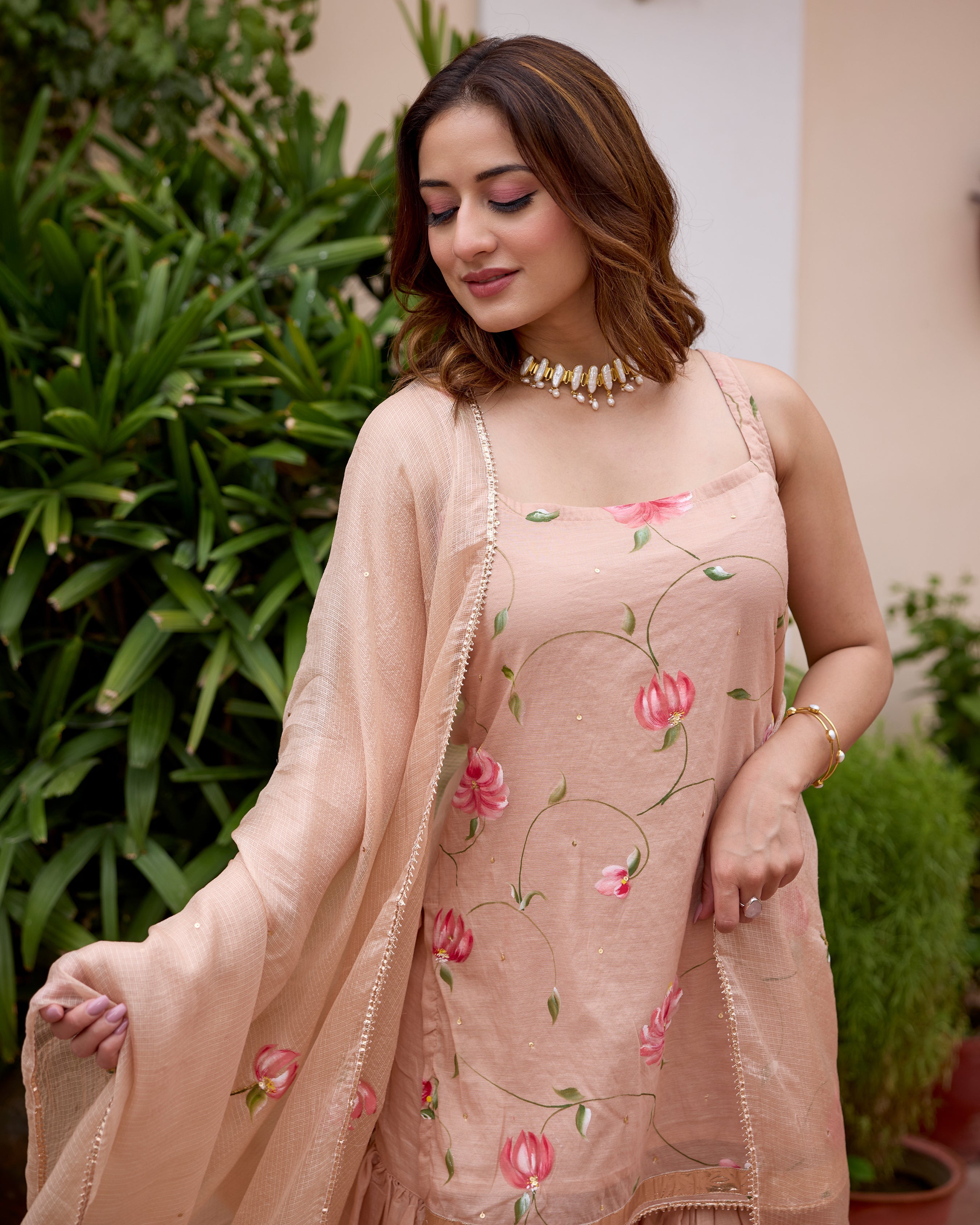 Palash Tan Handpainted Chanderi Sharara Set