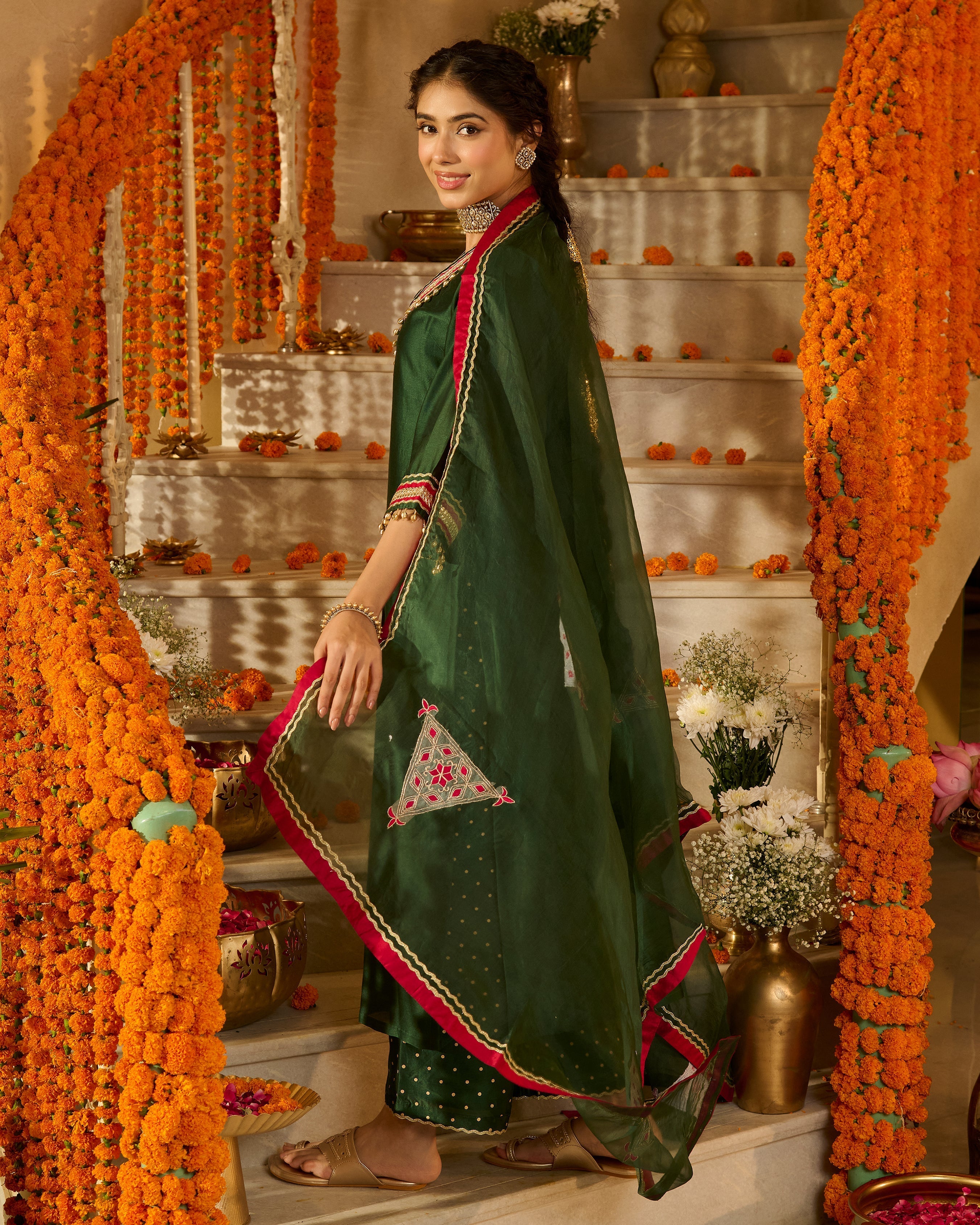 Divyana Green Solid Chanderi Suit Set